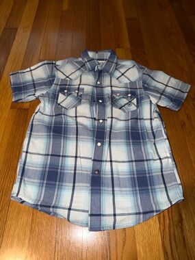 Boys Pearl Snap Short-Sleeve Plaid Button-Up Shirt - Blue